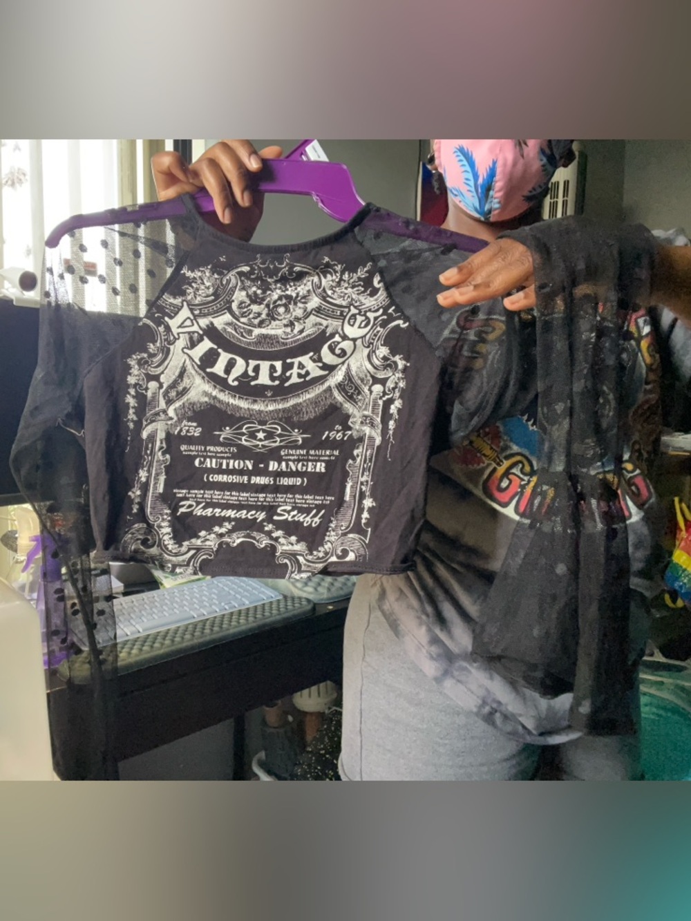 Fashion Nova Black Vintage Graphic Crop Top with Sheer Sleeves